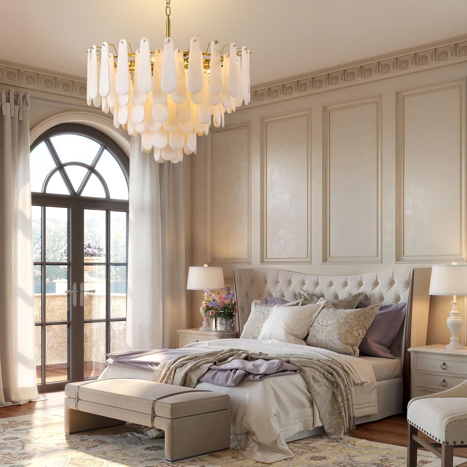 Luxury Gold Alabaster Tiered Chandelier 31.5 Inch Adjustable Pendant Ceiling Light