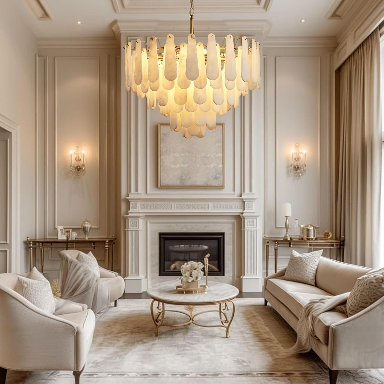 Luxury Gold Alabaster Tiered Chandelier 31.5 Inch Adjustable Pendant Ceiling Light