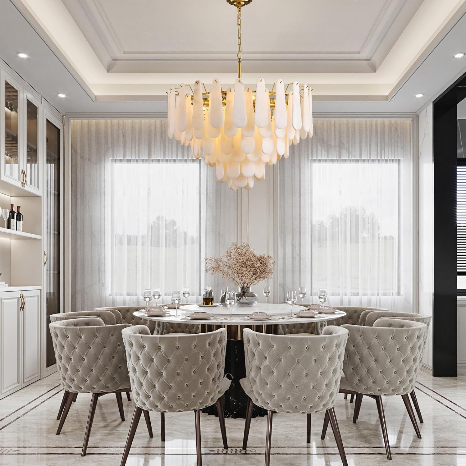 Luxury Gold Alabaster Tiered Chandelier 31.5 Inch Adjustable Pendant Ceiling Light