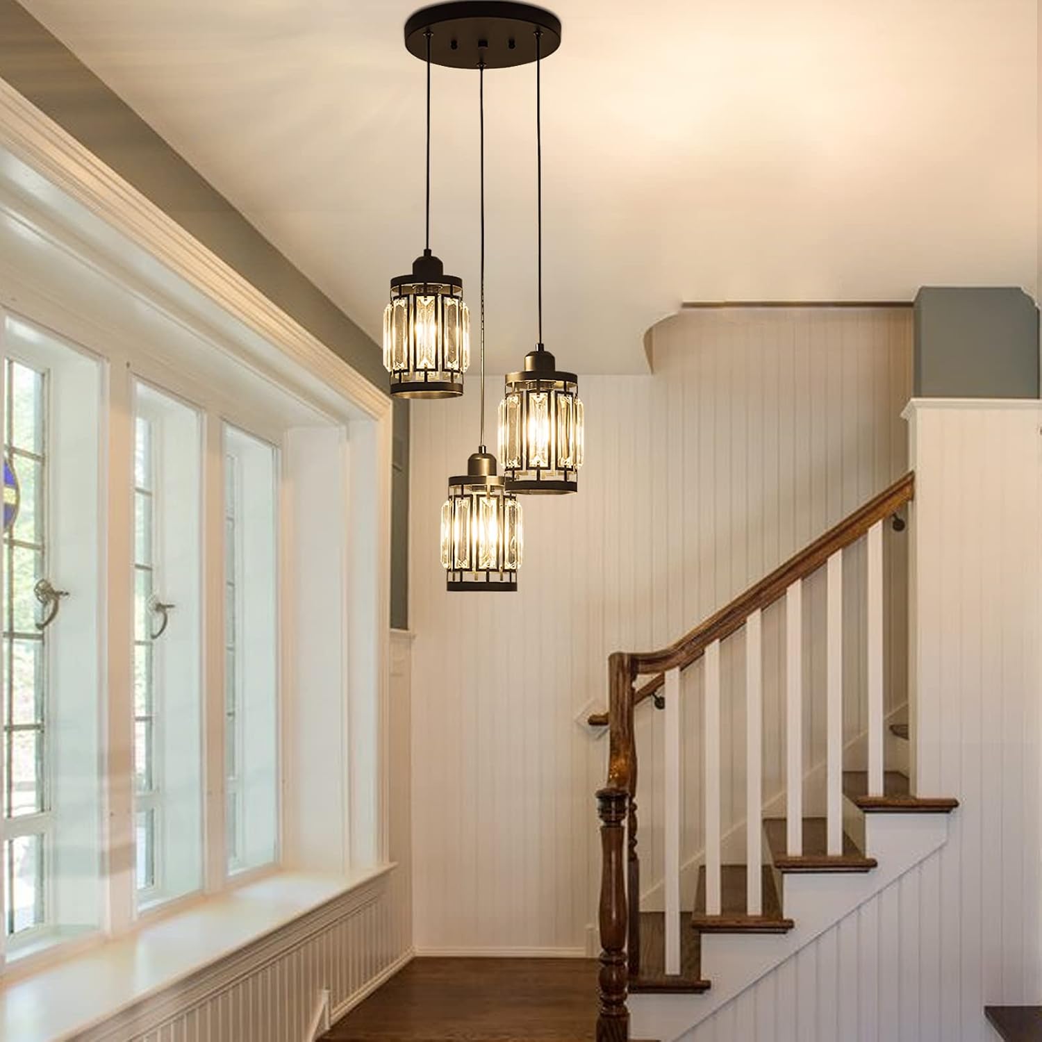 Modern 3-Light Crystal Cluster Pendant Light Black Adjustable Height E26 Ceiling Fixture