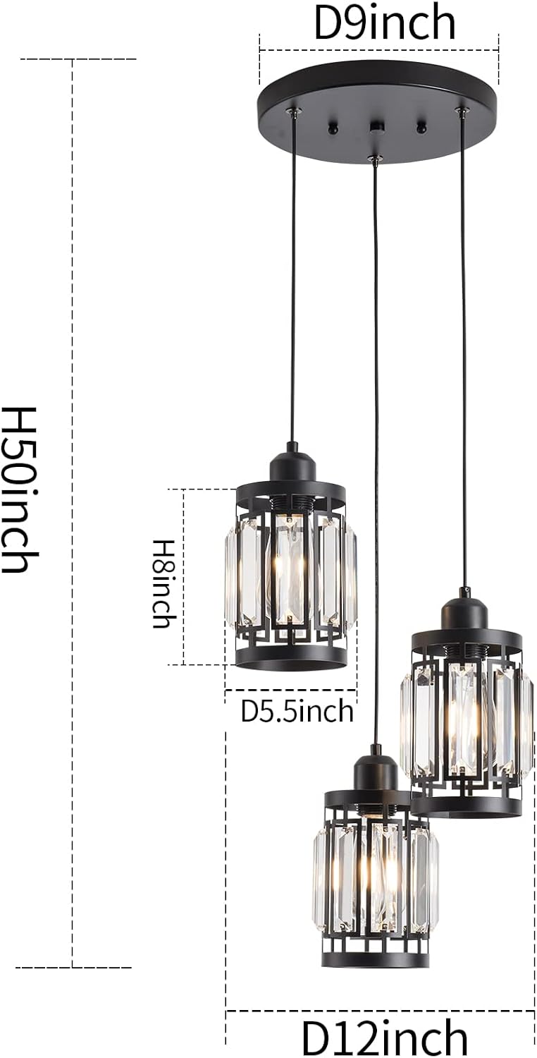 Modern 3-Light Crystal Cluster Pendant Light Black Adjustable Height E26 Ceiling Fixture