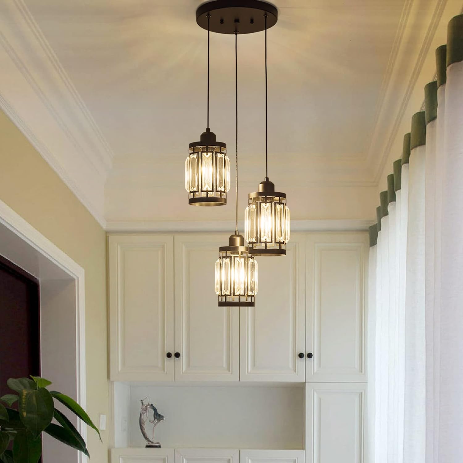 Modern 3-Light Crystal Cluster Pendant Light Black Adjustable Height E26 Ceiling Fixture