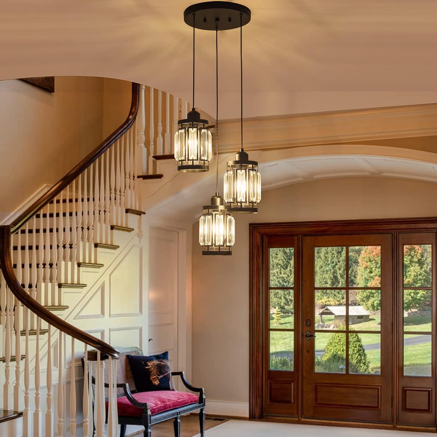 Modern 3-Light Crystal Cluster Pendant Light Black Adjustable Height E26 Ceiling Fixture