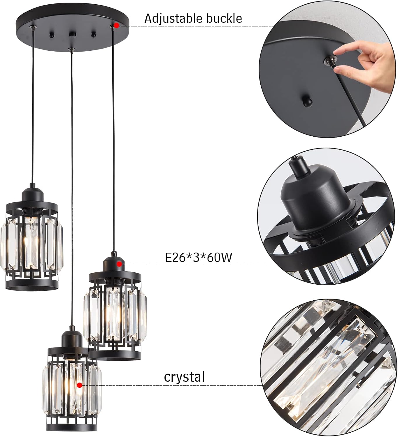 Modern 3-Light Crystal Cluster Pendant Light Black Adjustable Height E26 Ceiling Fixture