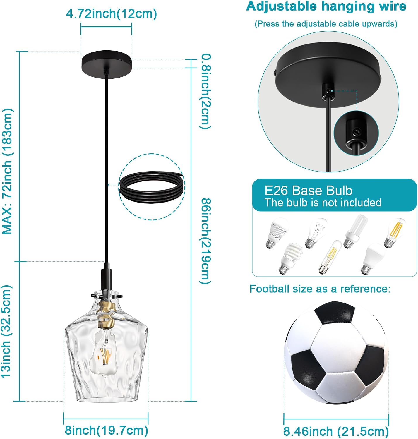 Modern Clear Glass Pendant Light with Black Cord and Brass Accent, Adjustable E26 Hanging Ceiling Lamp