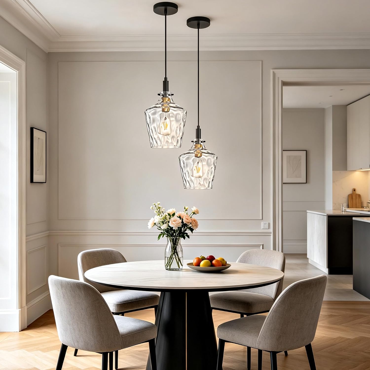 Modern Clear Glass Pendant Light with Black Cord and Brass Accent, Adjustable E26 Hanging Ceiling Lamp