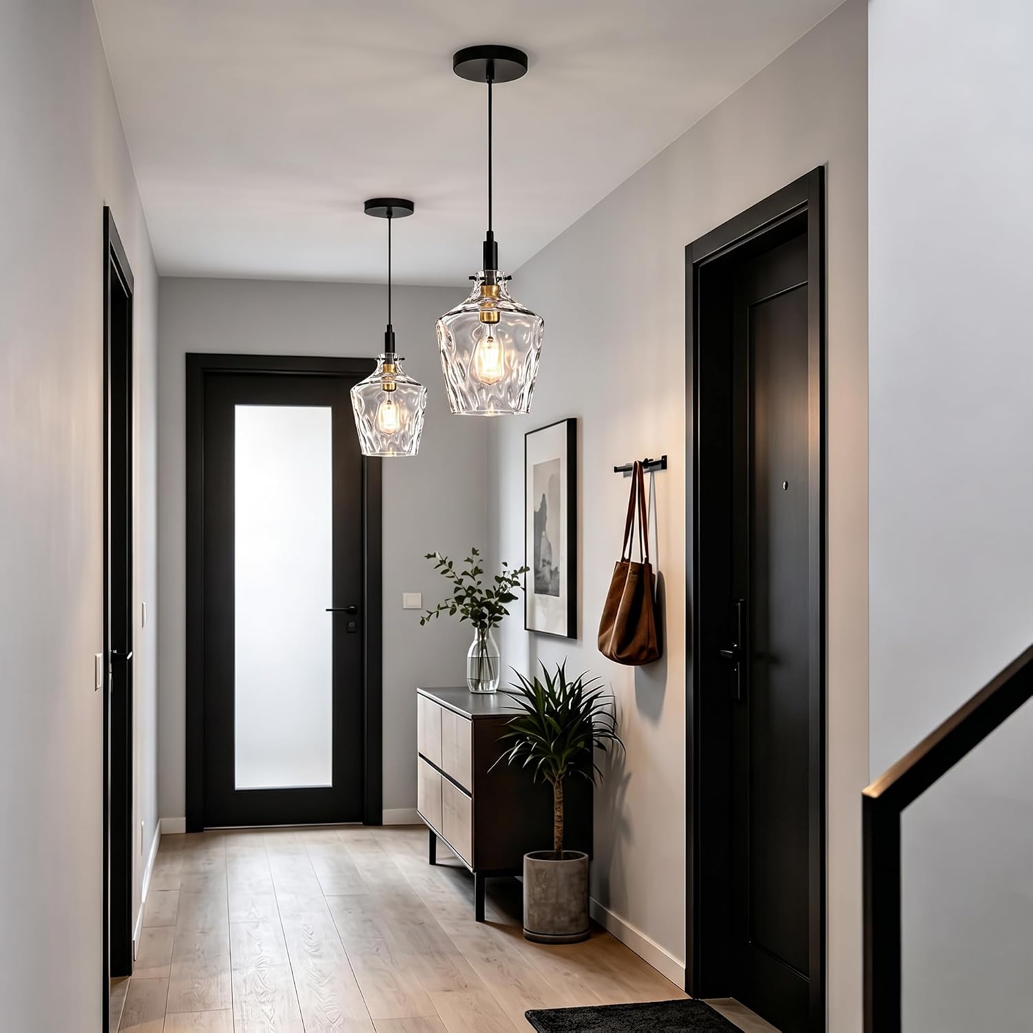 Modern Clear Glass Pendant Light with Black Cord and Brass Accent, Adjustable E26 Hanging Ceiling Lamp