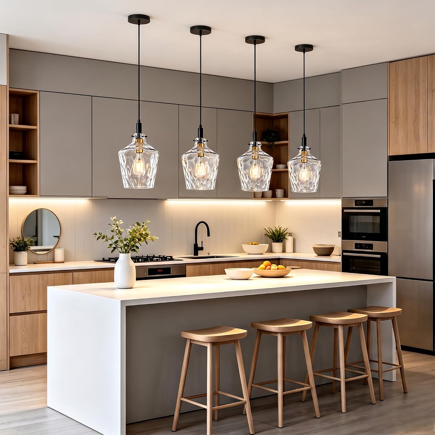 Modern Clear Glass Pendant Light with Black Cord and Brass Accent, Adjustable E26 Hanging Ceiling Lamp