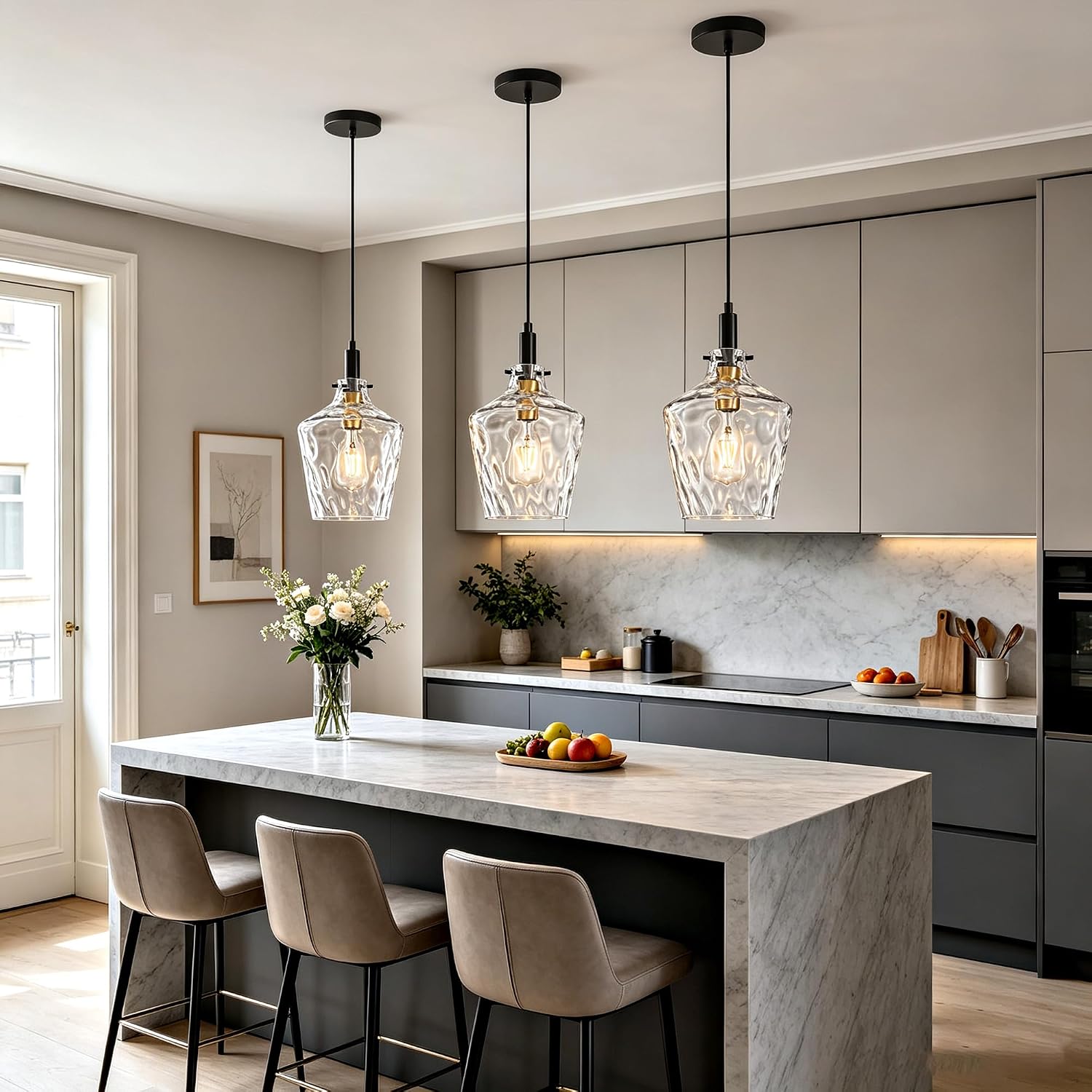 Modern Clear Glass Pendant Light with Black Cord and Brass Accent, Adjustable E26 Hanging Ceiling Lamp