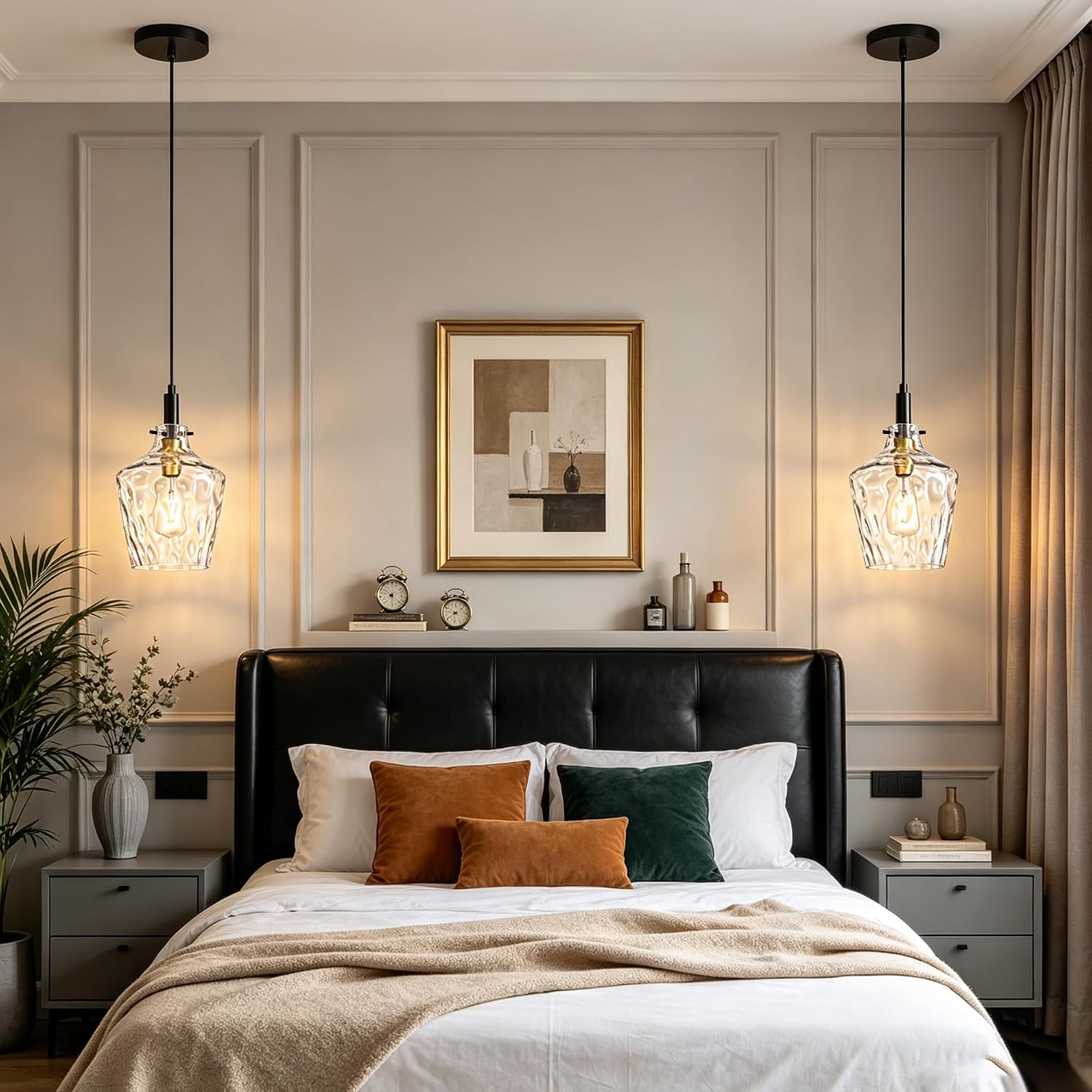Modern Clear Glass Pendant Light with Black Cord and Brass Accent, Adjustable E26 Hanging Ceiling Lamp