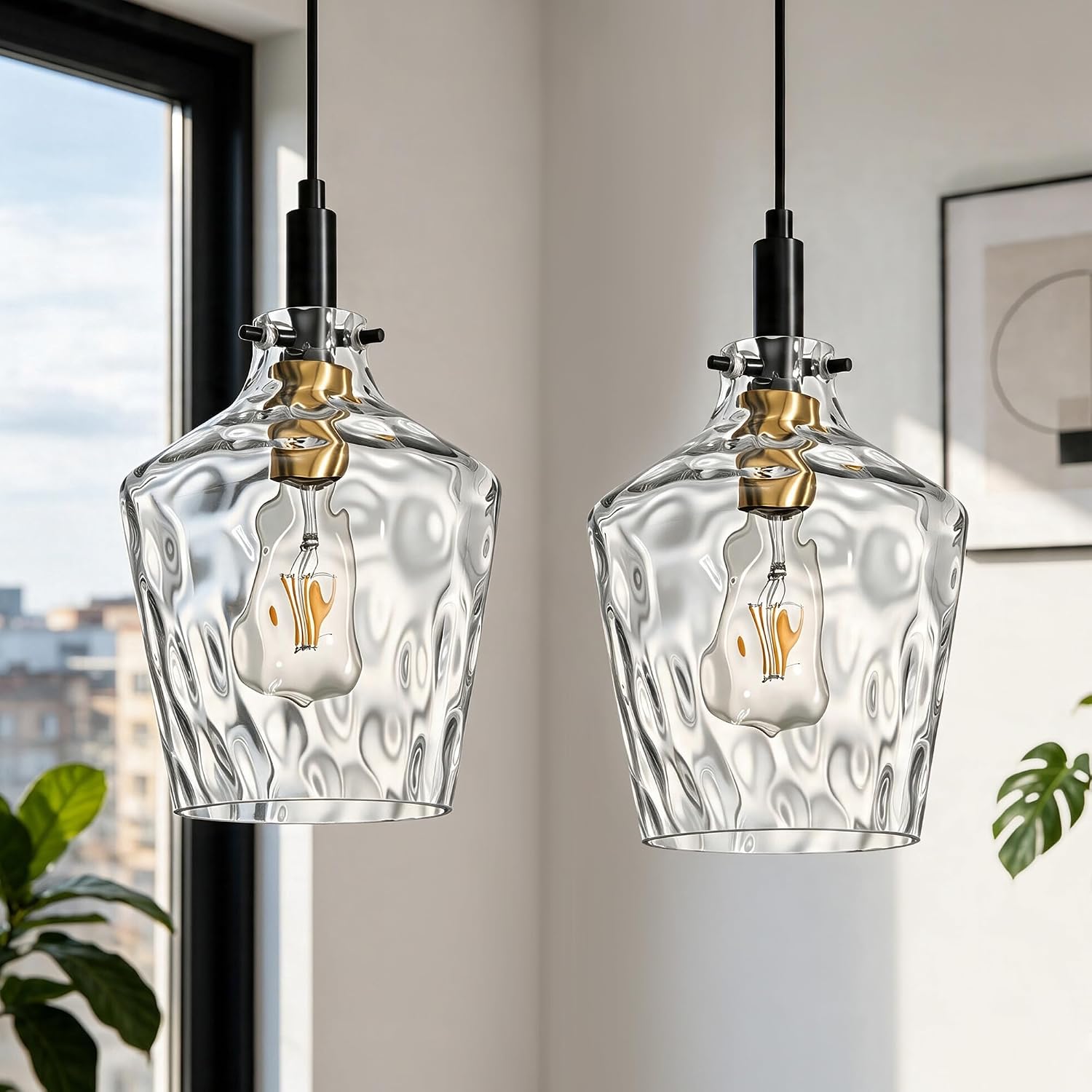 Modern Clear Glass Pendant Light with Black Cord and Brass Accent, Adjustable E26 Hanging Ceiling Lamp