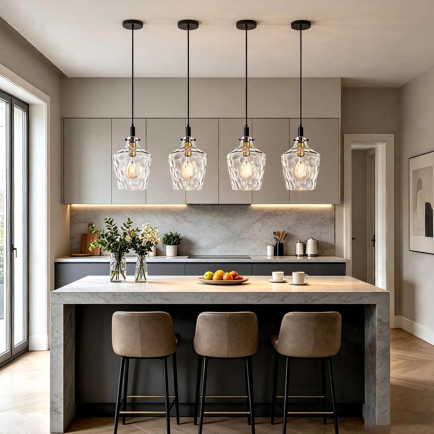 Modern Clear Glass Pendant Light with Black Cord and Brass Accent, Adjustable E26 Hanging Ceiling Lamp