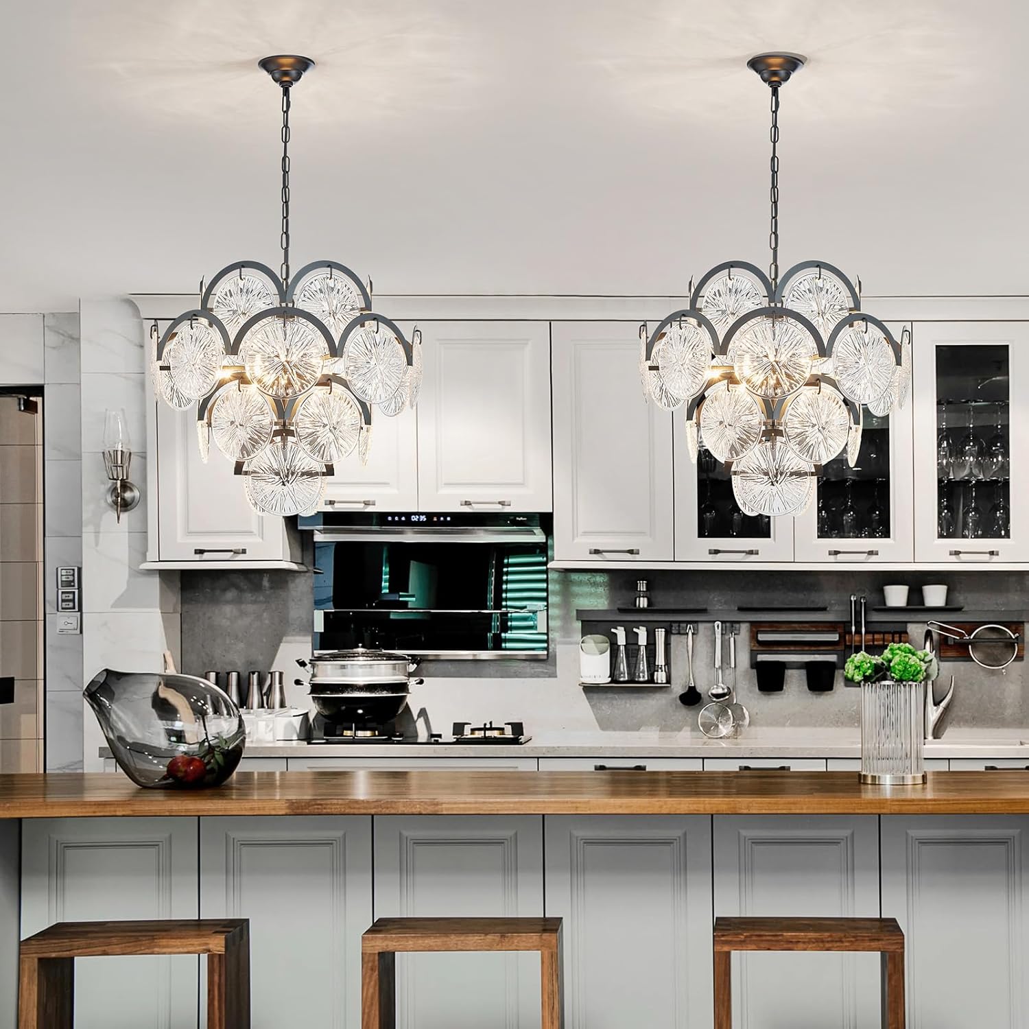 Modern Black Crystal Chandelier 6-Light Round Luxury Pendant Ceiling Light Adjustable Height