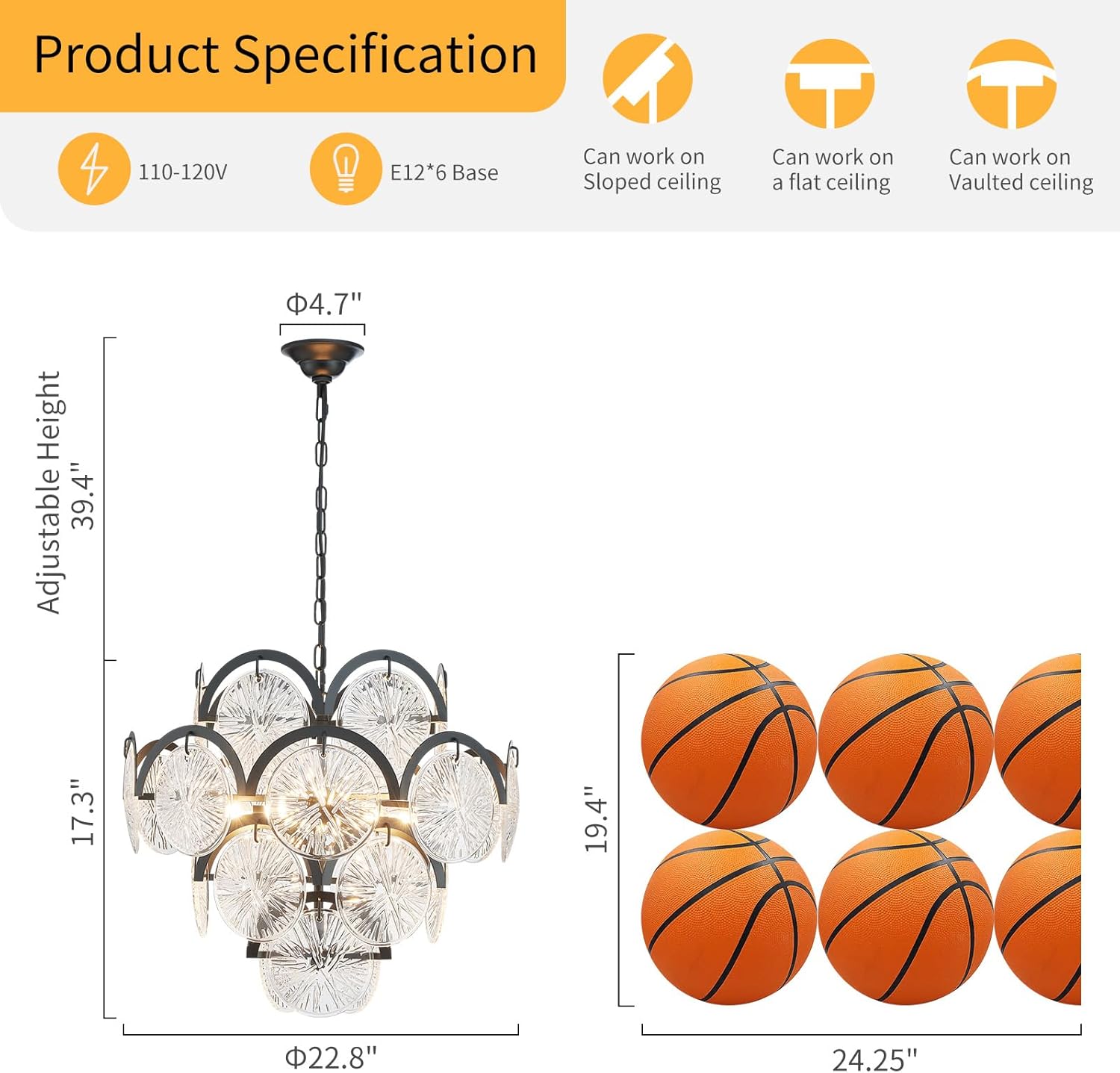 Modern Black Crystal Chandelier 6-Light Round Luxury Pendant Ceiling Light Adjustable Height
