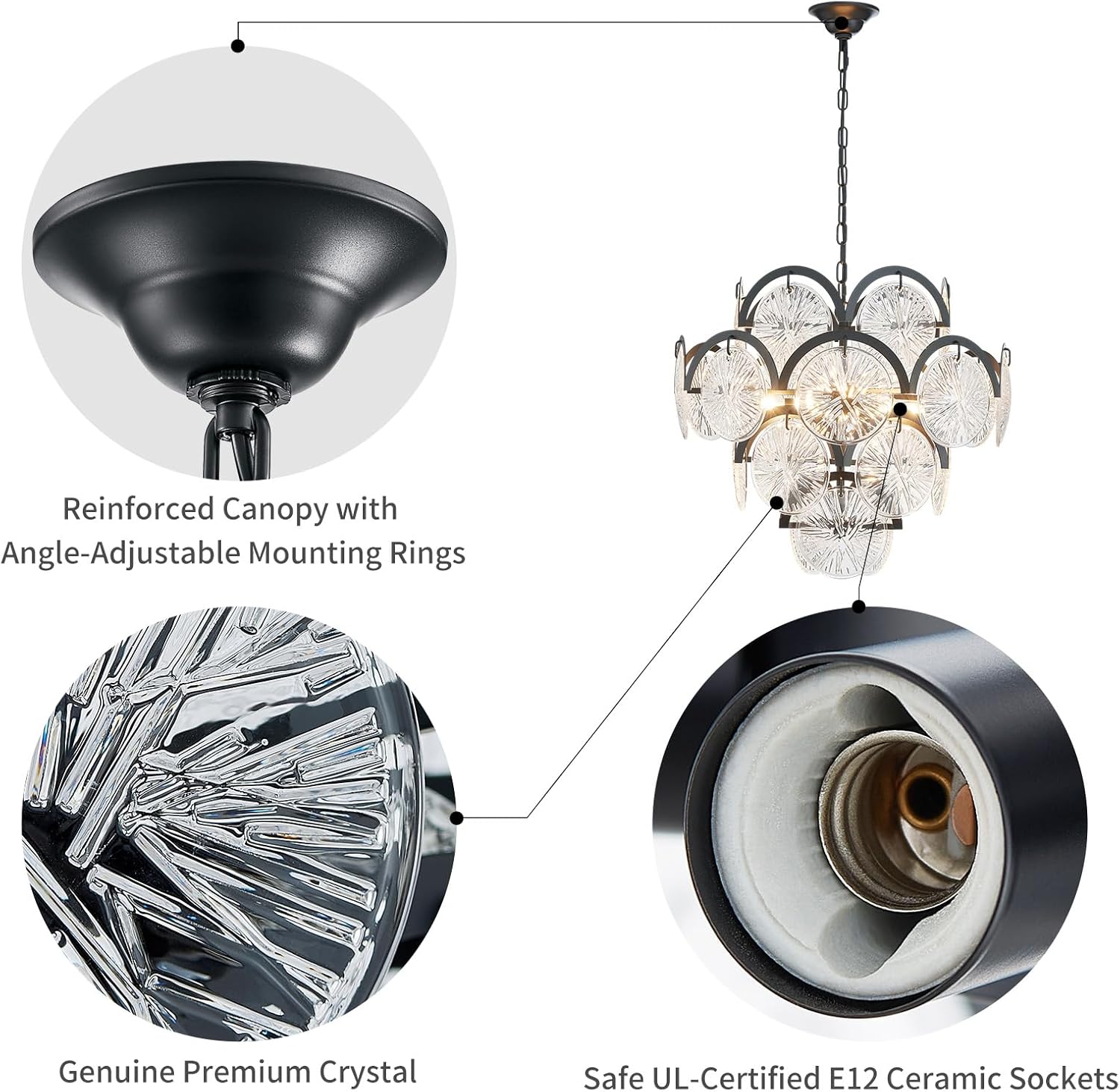 Modern Black Crystal Chandelier 6-Light Round Luxury Pendant Ceiling Light Adjustable Height