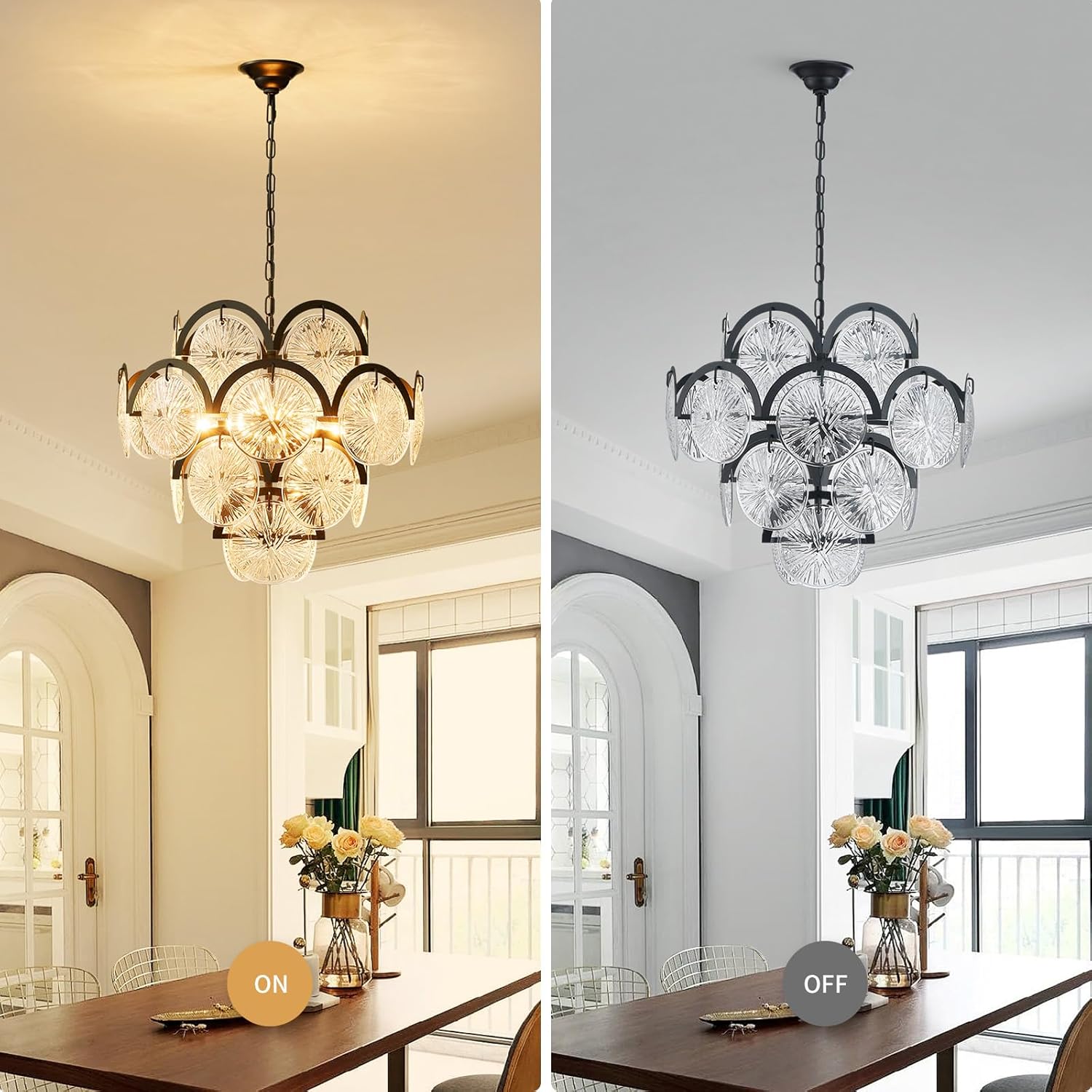 Modern Black Crystal Chandelier 6-Light Round Luxury Pendant Ceiling Light Adjustable Height