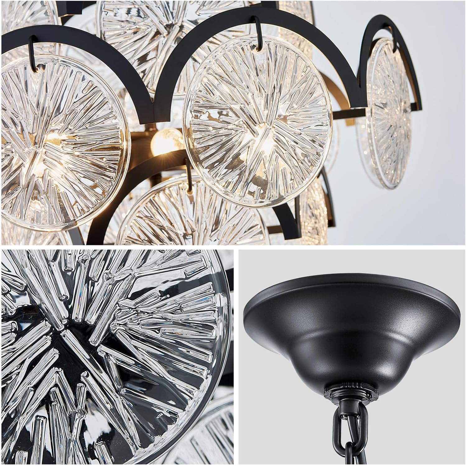 Modern Black Crystal Chandelier 6-Light Round Luxury Pendant Ceiling Light Adjustable Height
