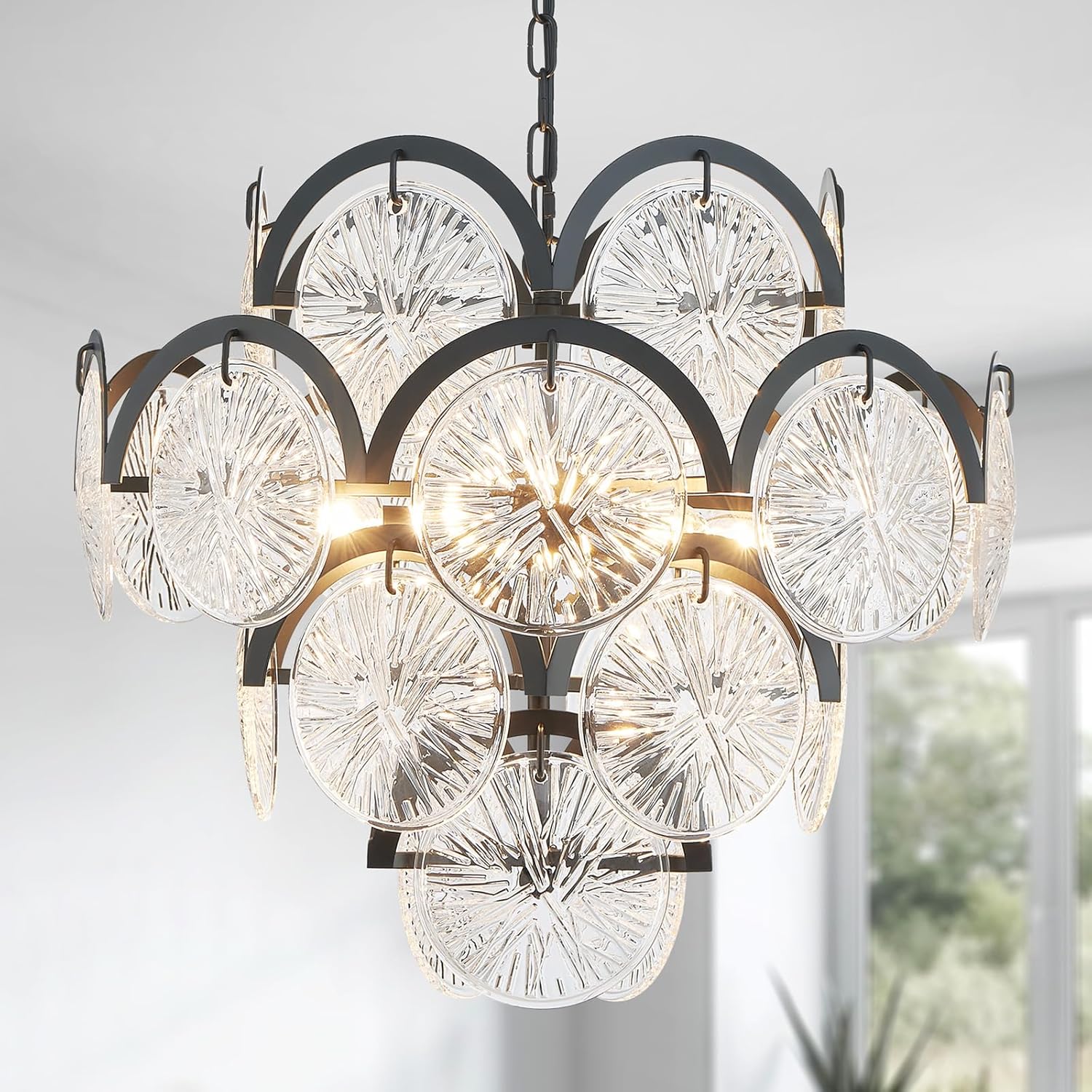 Modern Black Crystal Chandelier 6-Light Round Luxury Pendant Ceiling Light Adjustable Height