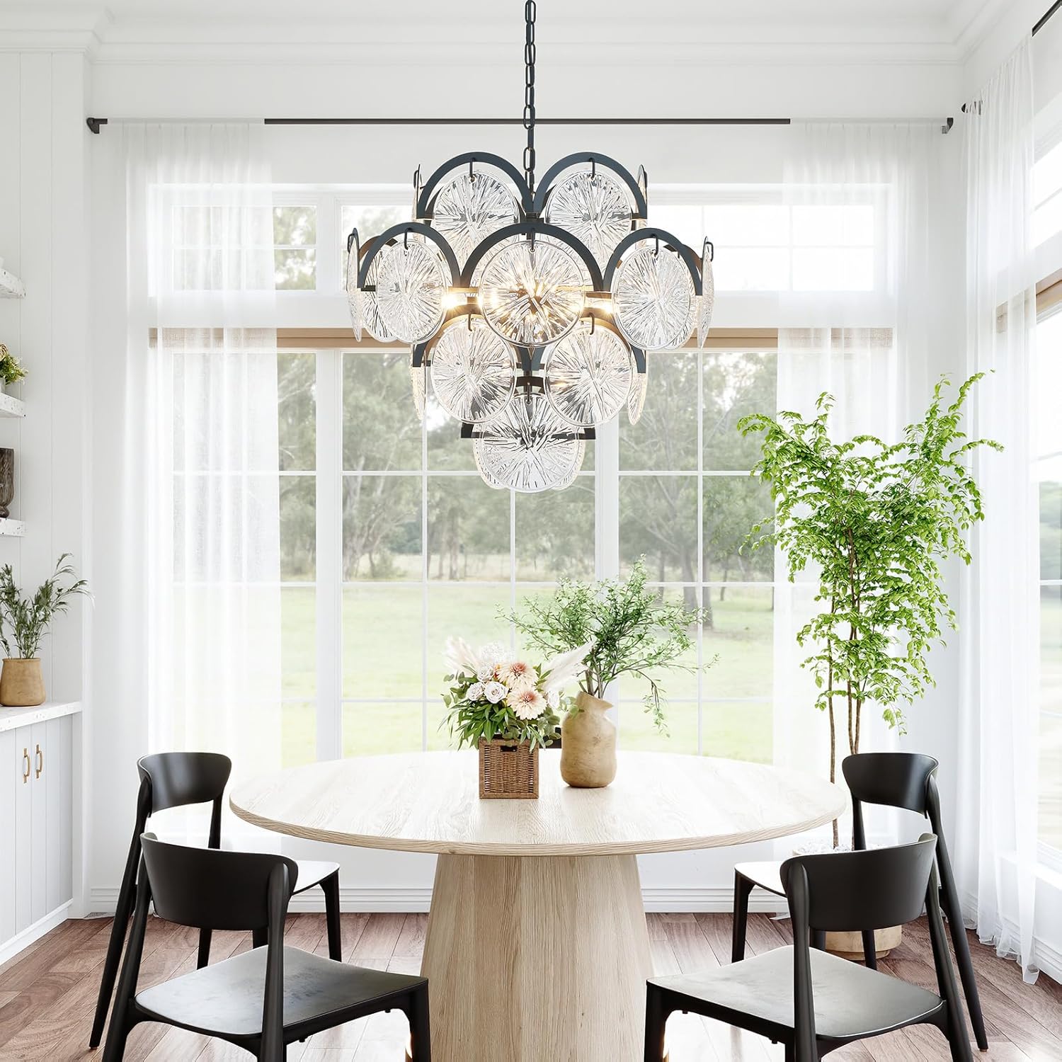 Modern Black Crystal Chandelier 6-Light Round Luxury Pendant Ceiling Light Adjustable Height
