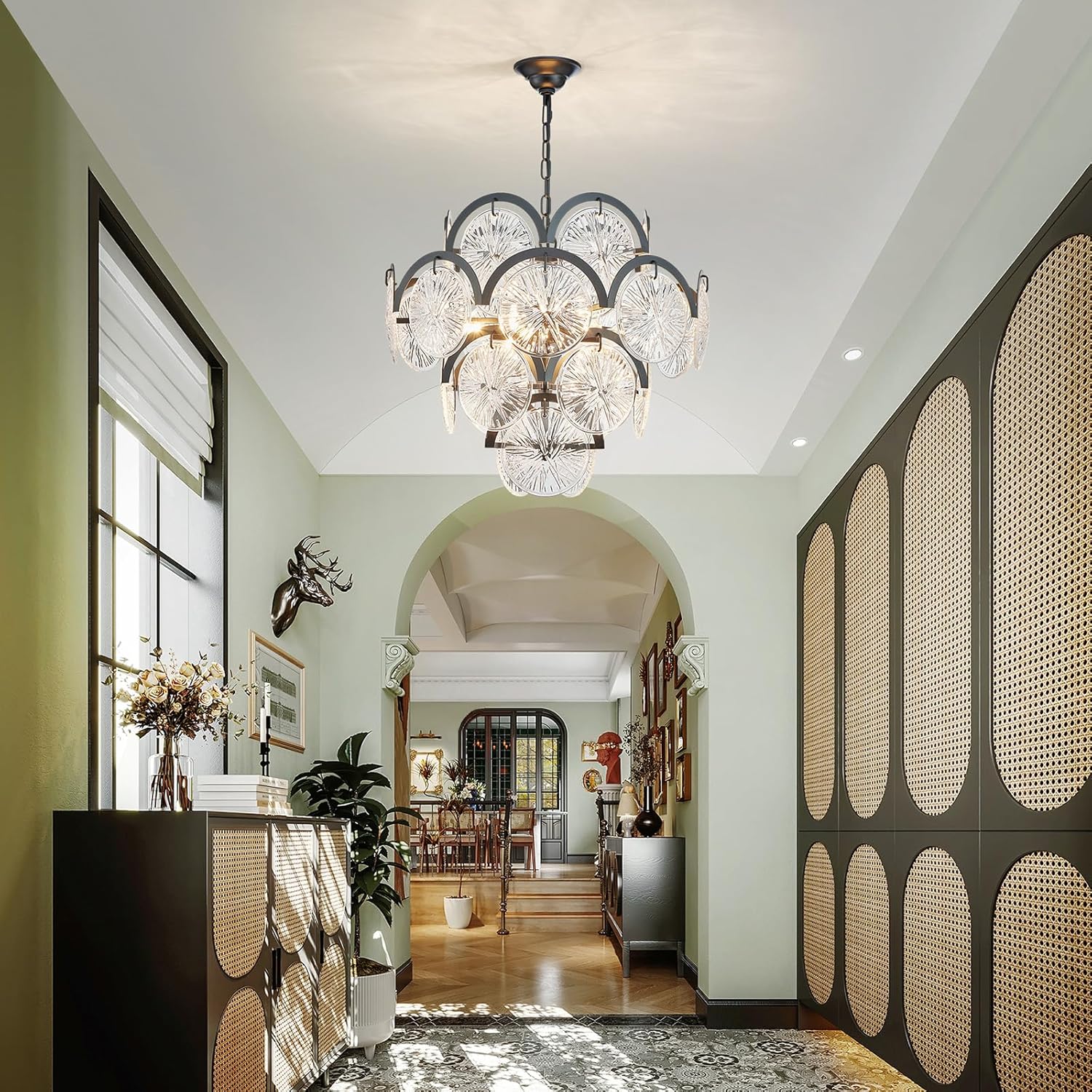 Modern Black Crystal Chandelier 6-Light Round Luxury Pendant Ceiling Light Adjustable Height