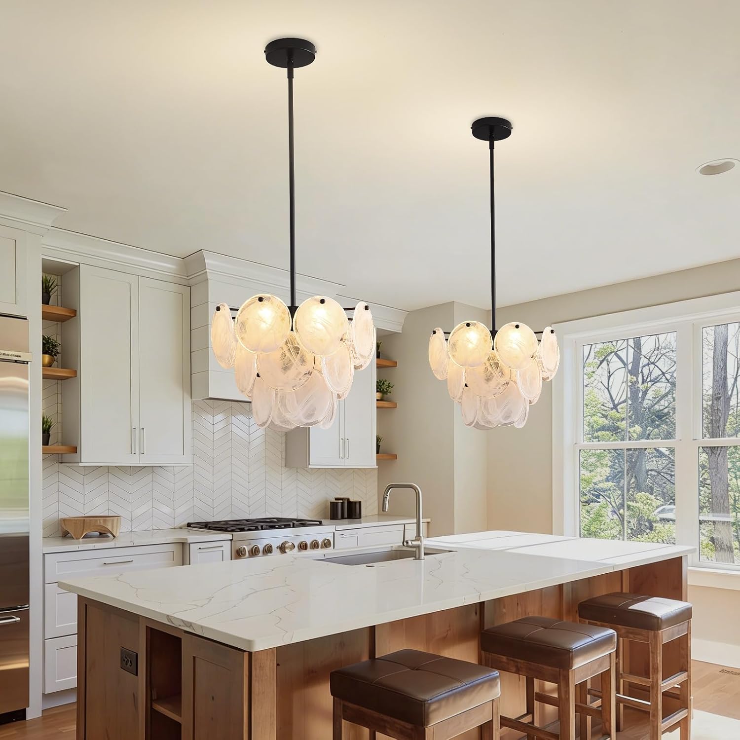 Modern 4-Light Black Frosted Glass Disc Pendant Chandelier with Adjustable Rod
