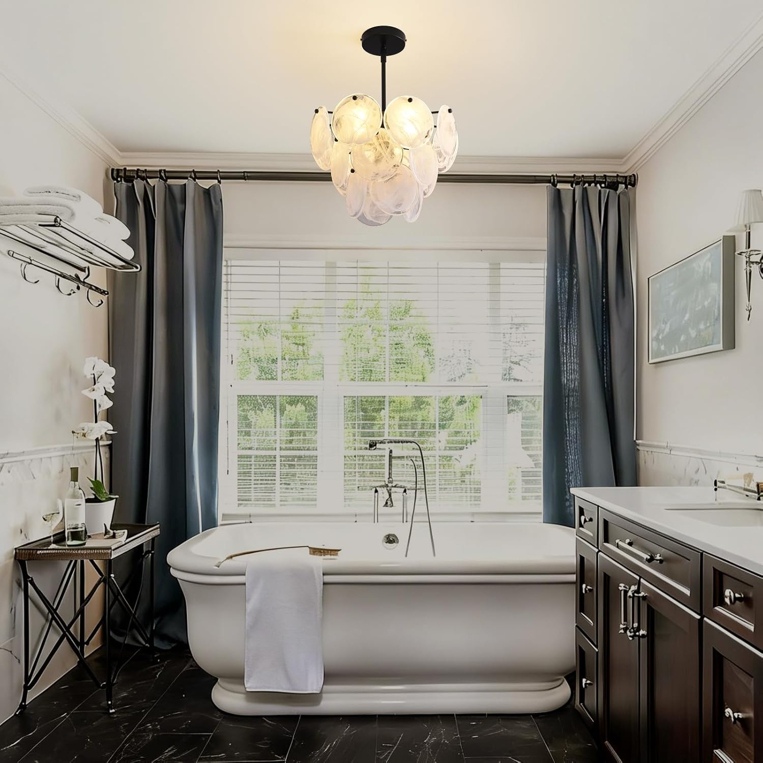 Modern 4-Light Black Frosted Glass Disc Pendant Chandelier with Adjustable Rod