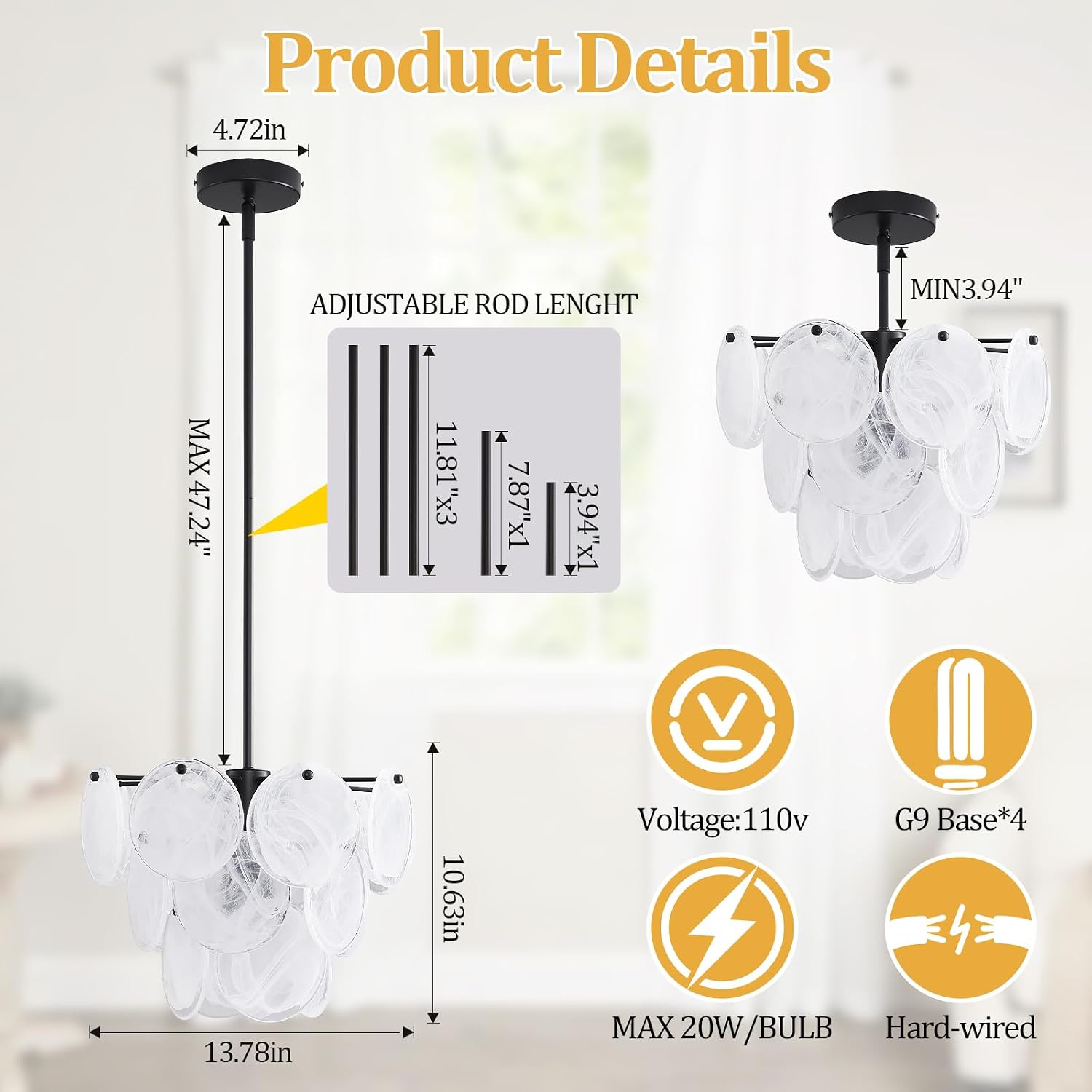 Modern 4-Light Black Frosted Glass Disc Pendant Chandelier with Adjustable Rod