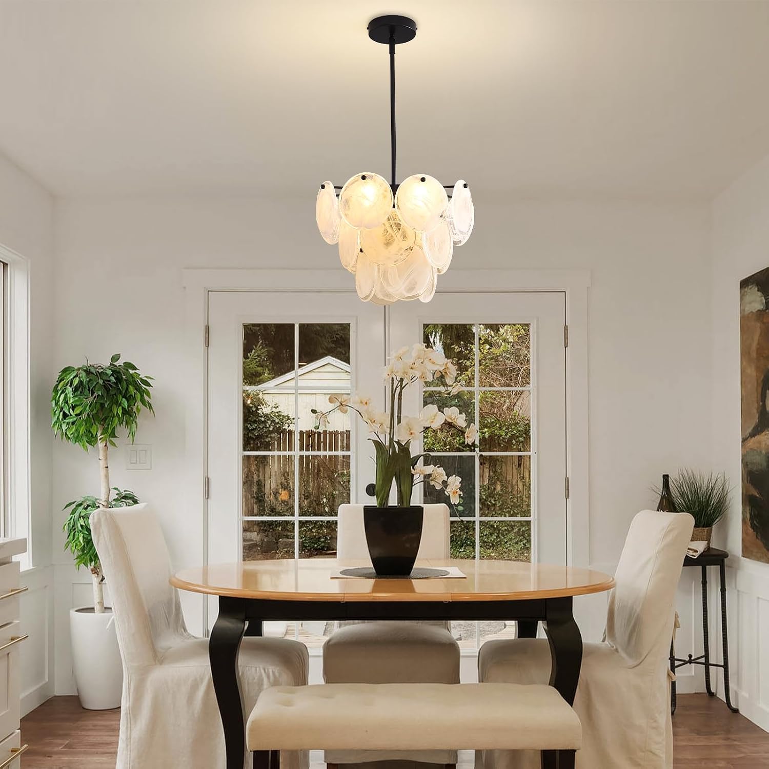 Modern 4-Light Black Frosted Glass Disc Pendant Chandelier with Adjustable Rod