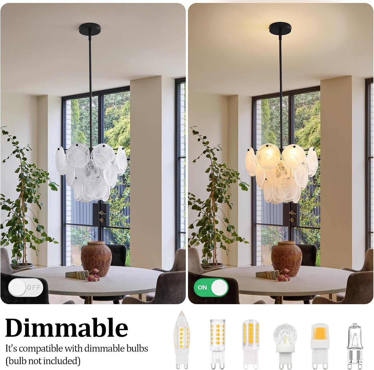 Modern 4-Light Black Frosted Glass Disc Pendant Chandelier with Adjustable Rod