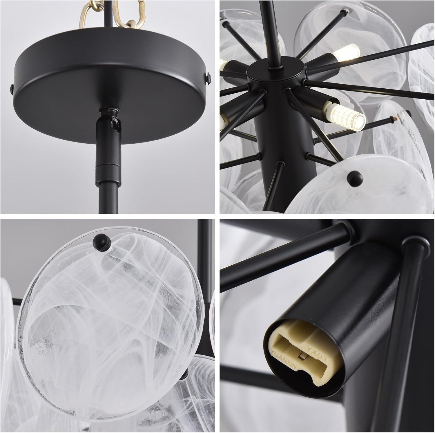 Modern 4-Light Black Frosted Glass Disc Pendant Chandelier with Adjustable Rod