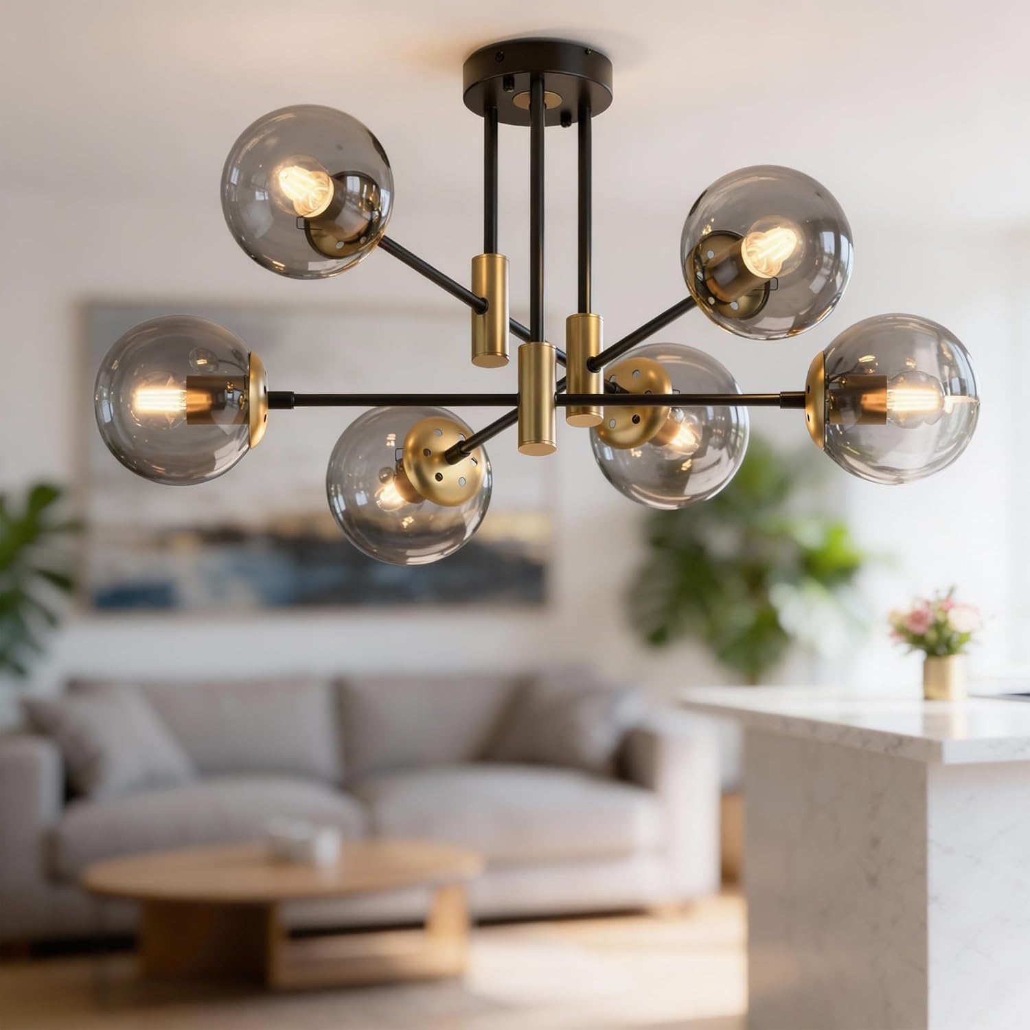 Modern Black Gold Sputnik Chandelier 6-Light Smoke Glass Ceiling Light