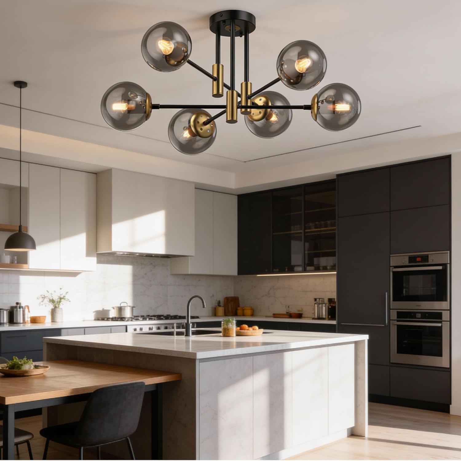 Modern Black Gold Sputnik Chandelier 6-Light Smoke Glass Ceiling Light