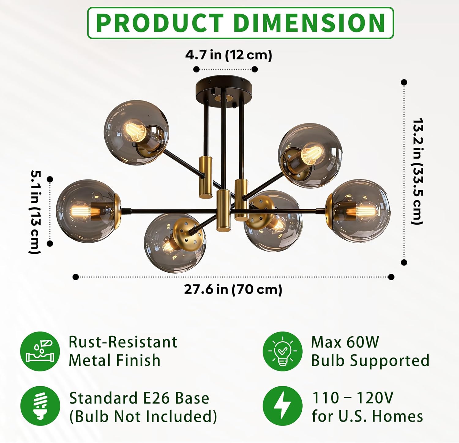 Modern Black Gold Sputnik Chandelier 6-Light Smoke Glass Ceiling Light