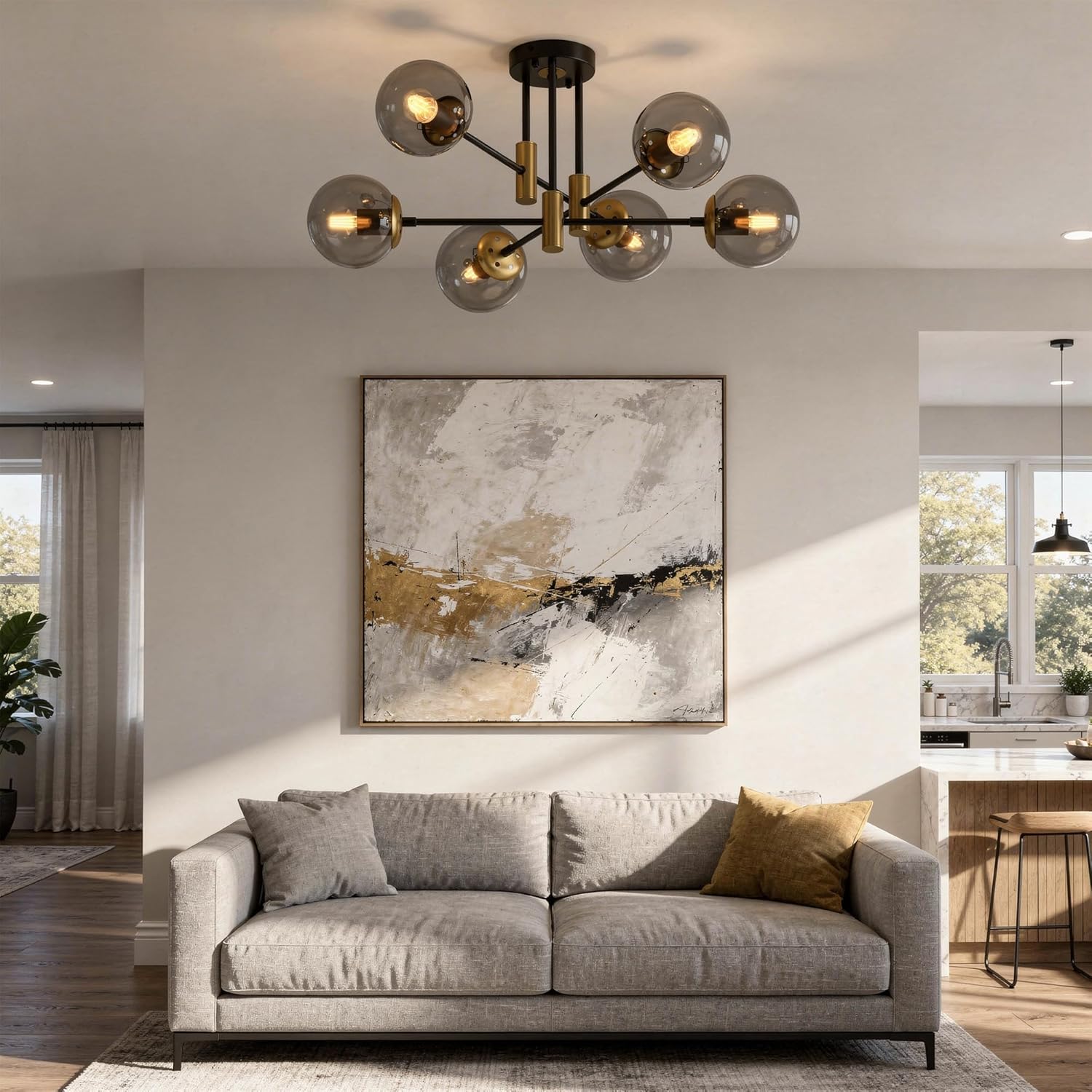 Modern Black Gold Sputnik Chandelier 6-Light Smoke Glass Ceiling Light