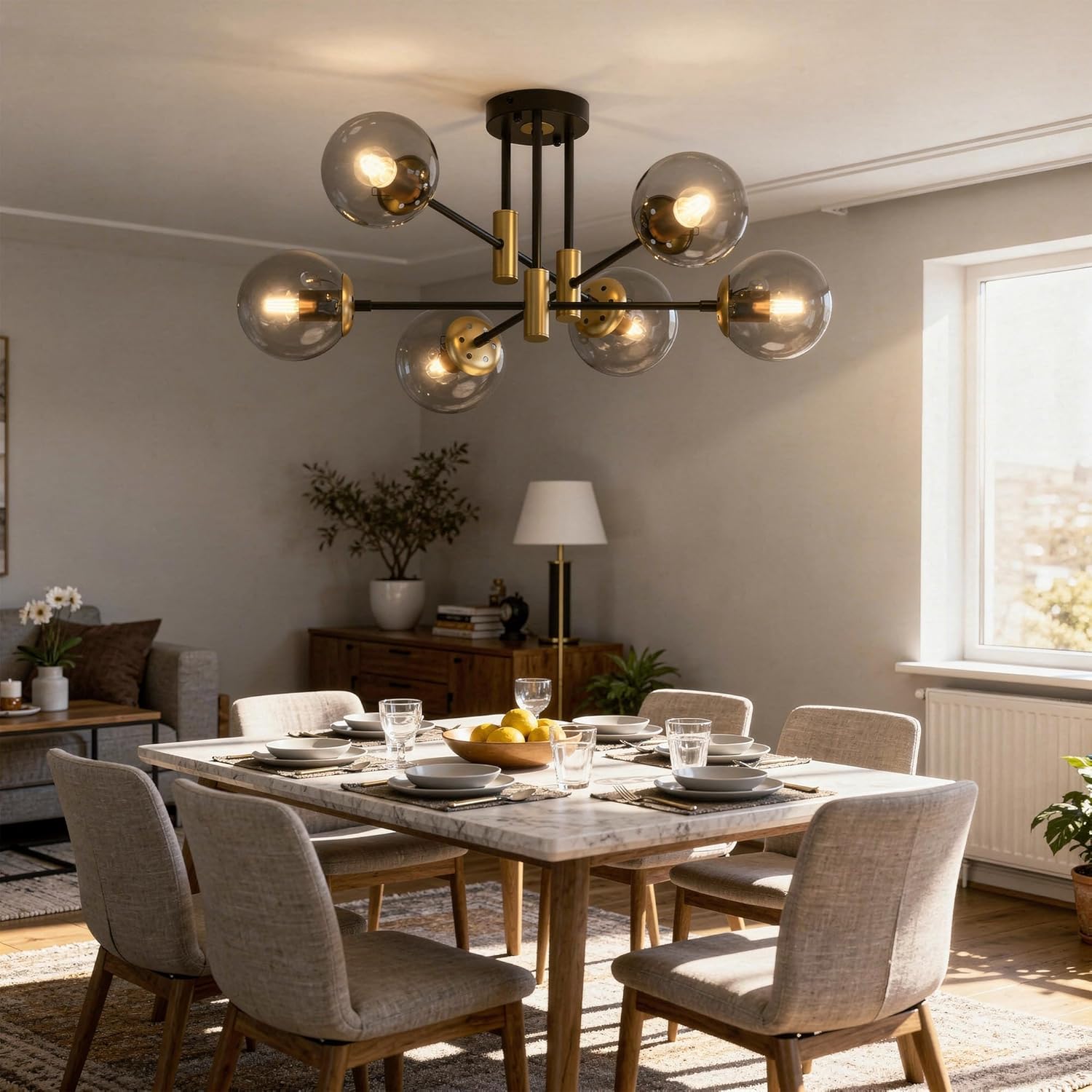 Modern Black Gold Sputnik Chandelier 6-Light Smoke Glass Ceiling Light