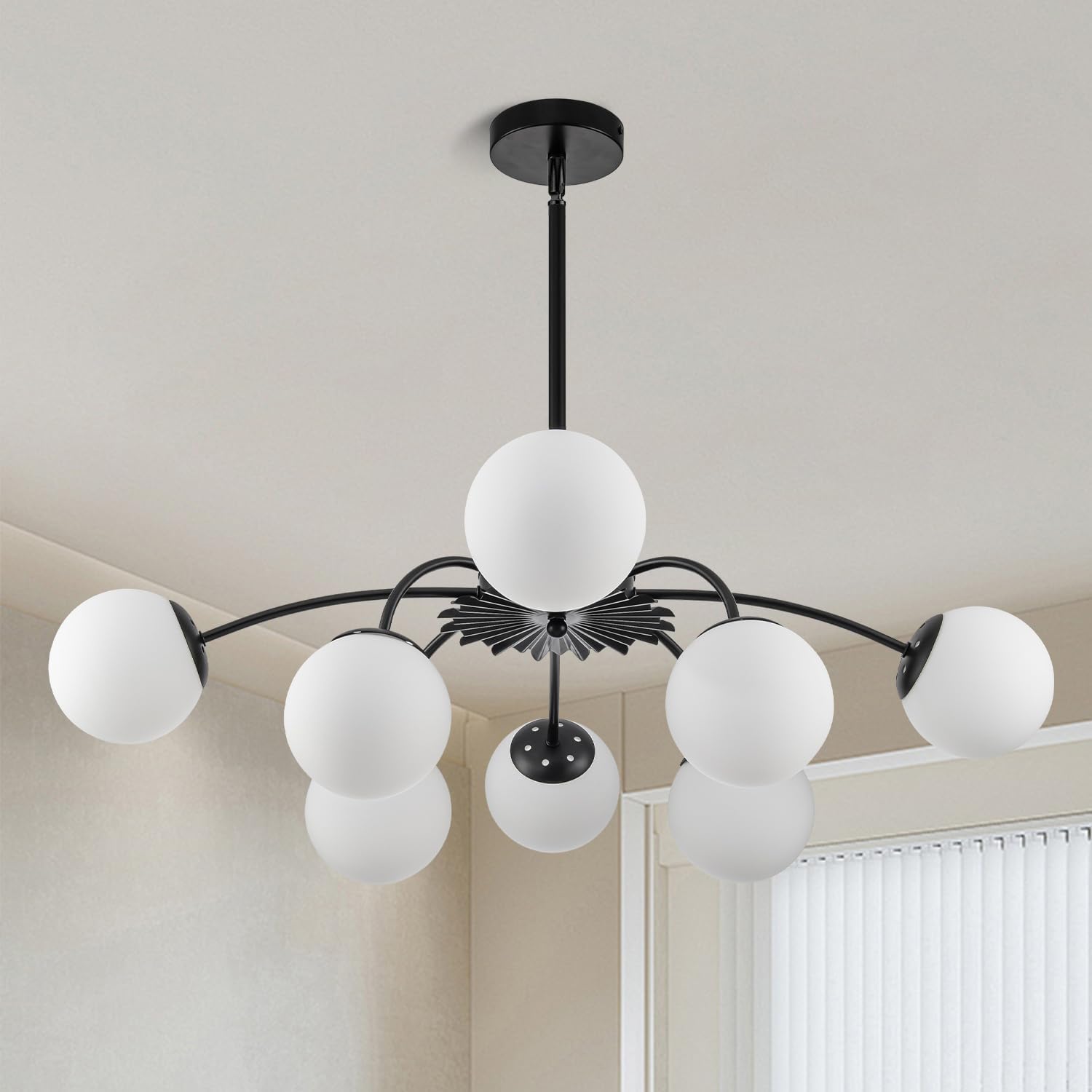 Modern 8-Light Sputnik Bubble Chandelier Black Milk Glass Globe Pendant Ceiling Light
