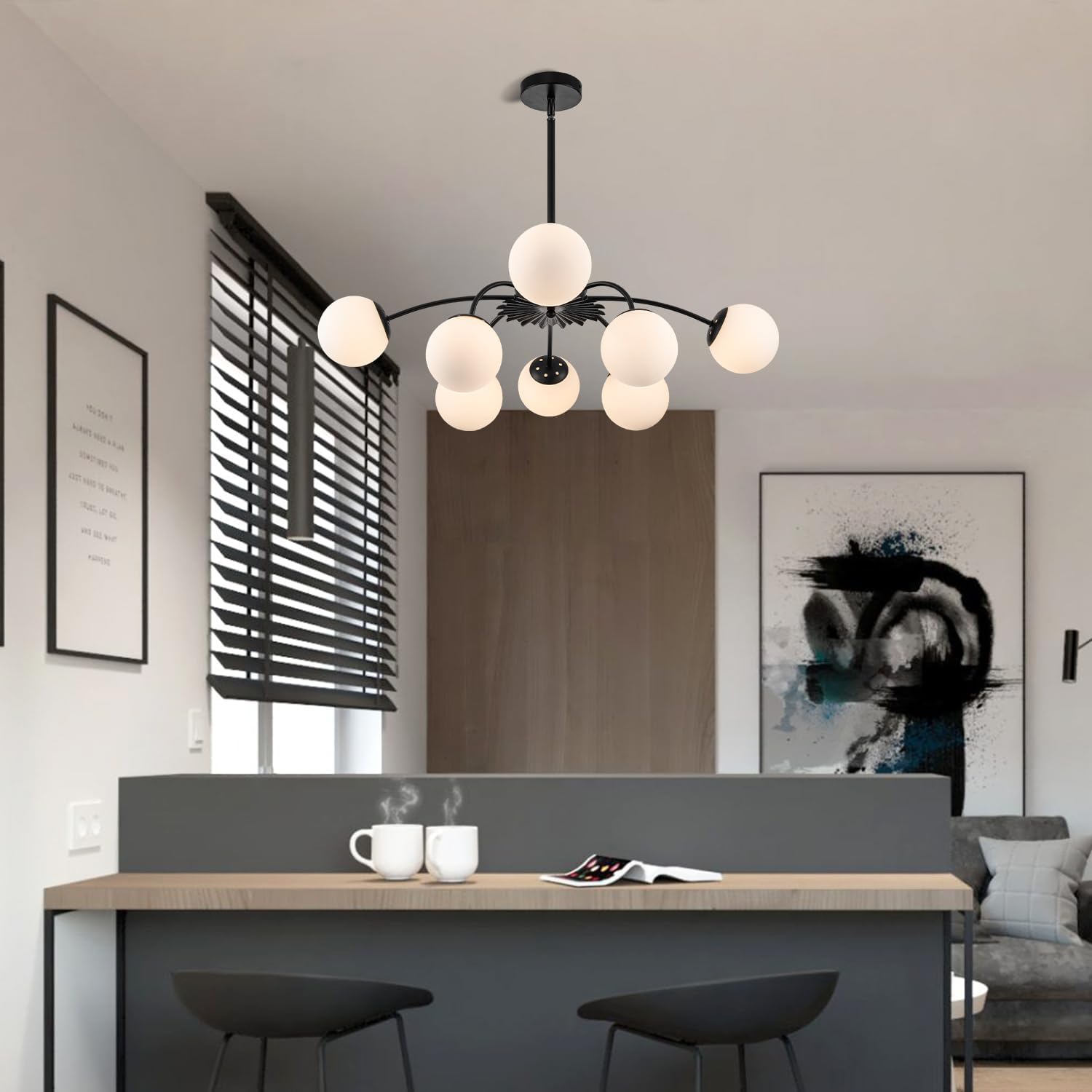 Modern 8-Light Sputnik Bubble Chandelier Black Milk Glass Globe Pendant Ceiling Light