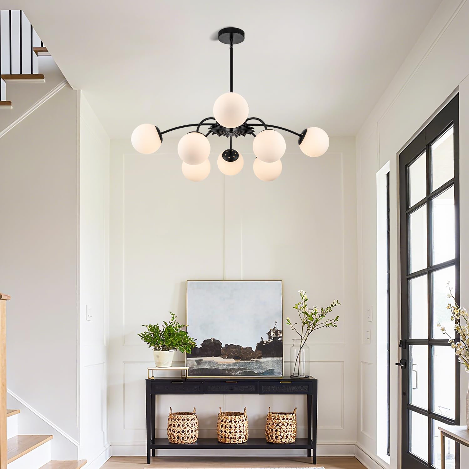 Modern 8-Light Sputnik Bubble Chandelier Black Milk Glass Globe Pendant Ceiling Light