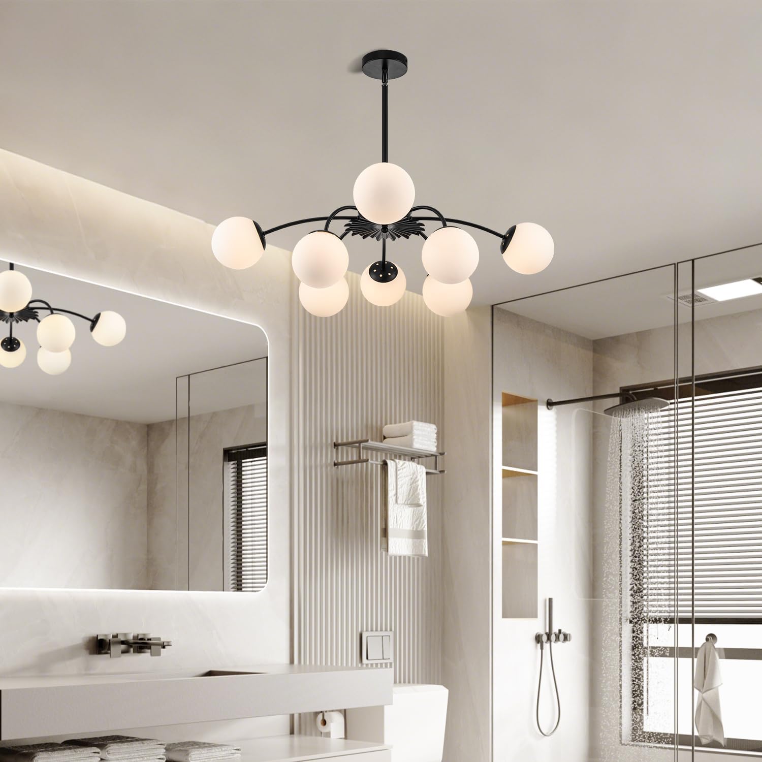 Modern 8-Light Sputnik Bubble Chandelier Black Milk Glass Globe Pendant Ceiling Light
