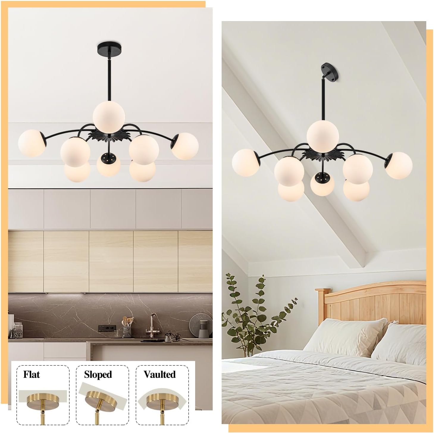 Modern 8-Light Sputnik Bubble Chandelier Black Milk Glass Globe Pendant Ceiling Light