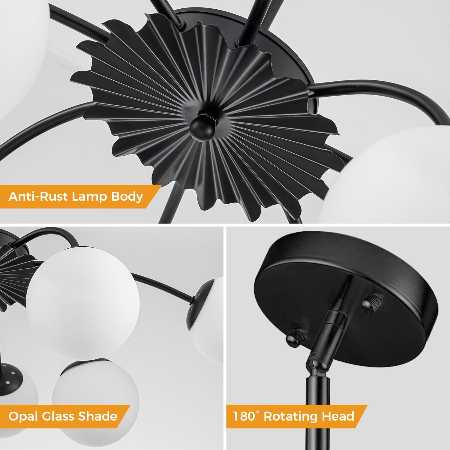Modern 8-Light Sputnik Bubble Chandelier Black Milk Glass Globe Pendant Ceiling Light