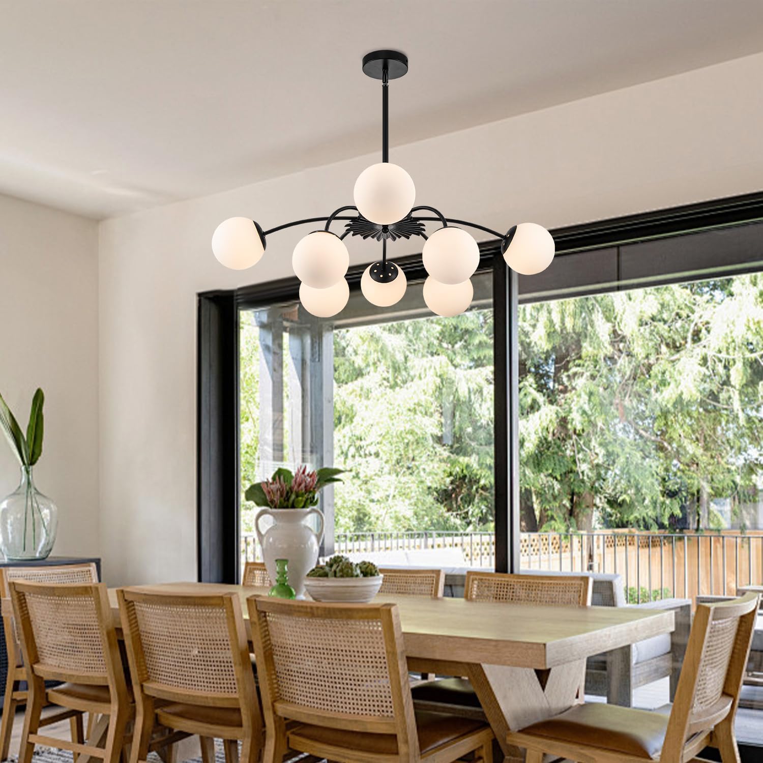 Modern 8-Light Sputnik Bubble Chandelier Black Milk Glass Globe Pendant Ceiling Light