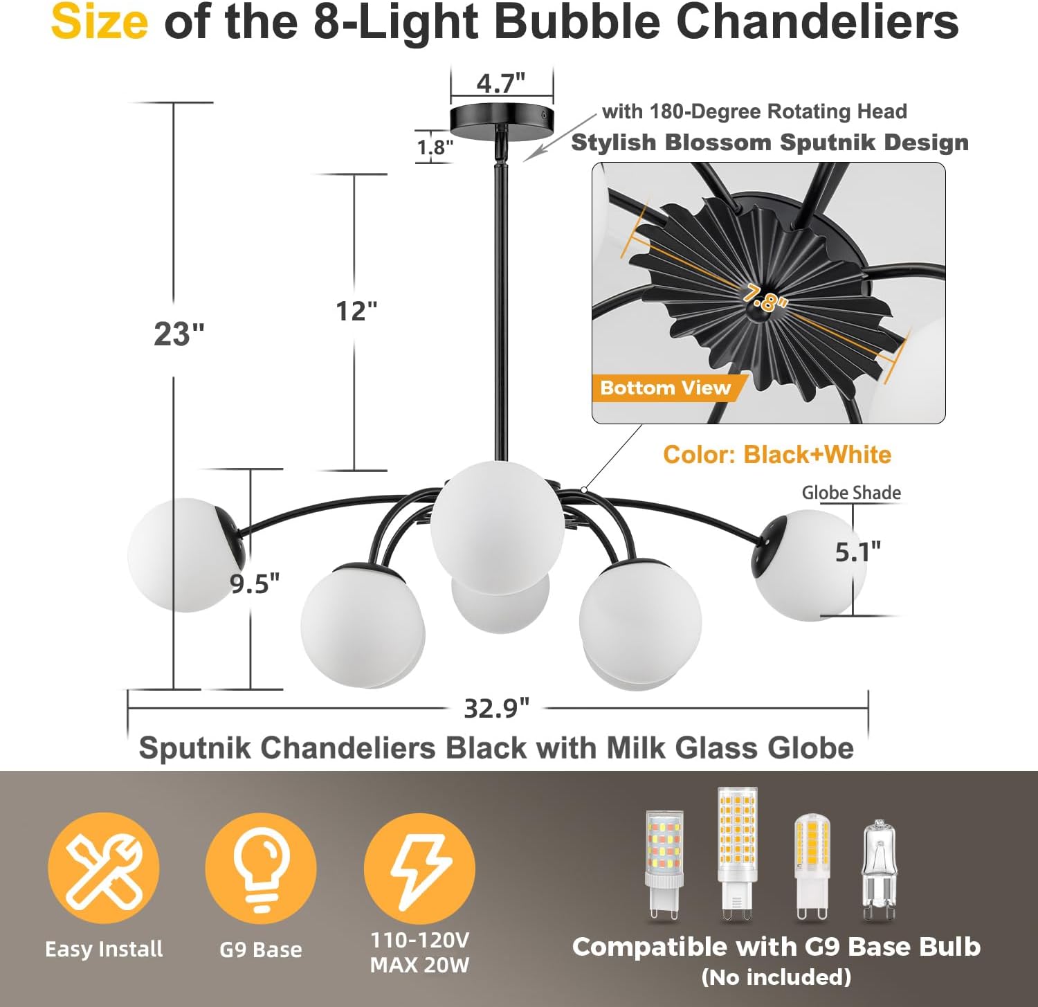 Modern 8-Light Sputnik Bubble Chandelier Black Milk Glass Globe Pendant Ceiling Light
