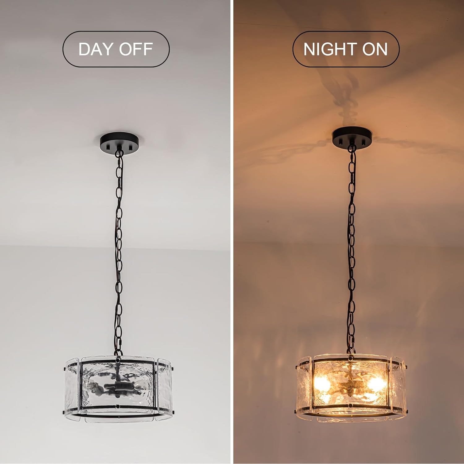Modern Adjustable Glass Drum Pendant Light with Black Metal Frame Ceiling Hanging Lamp