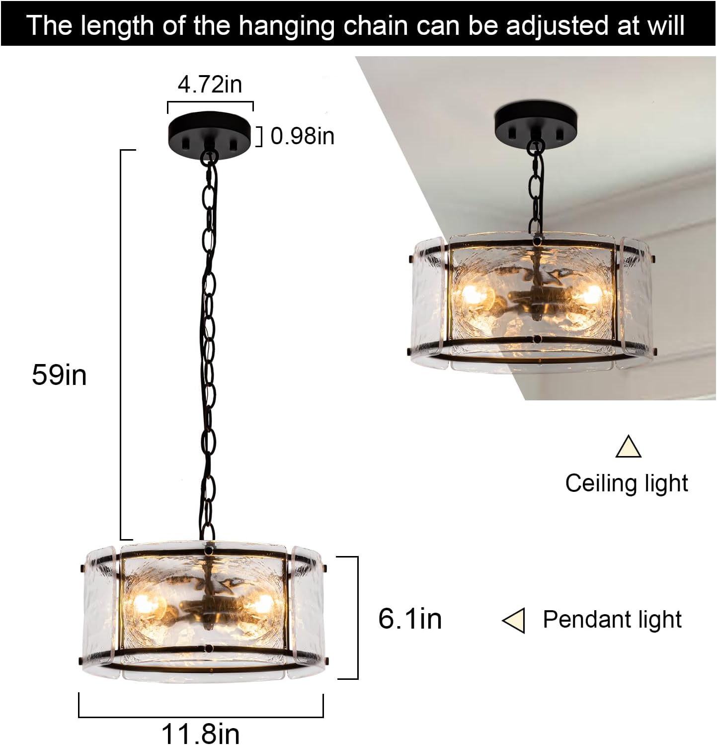 Modern Adjustable Glass Drum Pendant Light with Black Metal Frame Ceiling Hanging Lamp