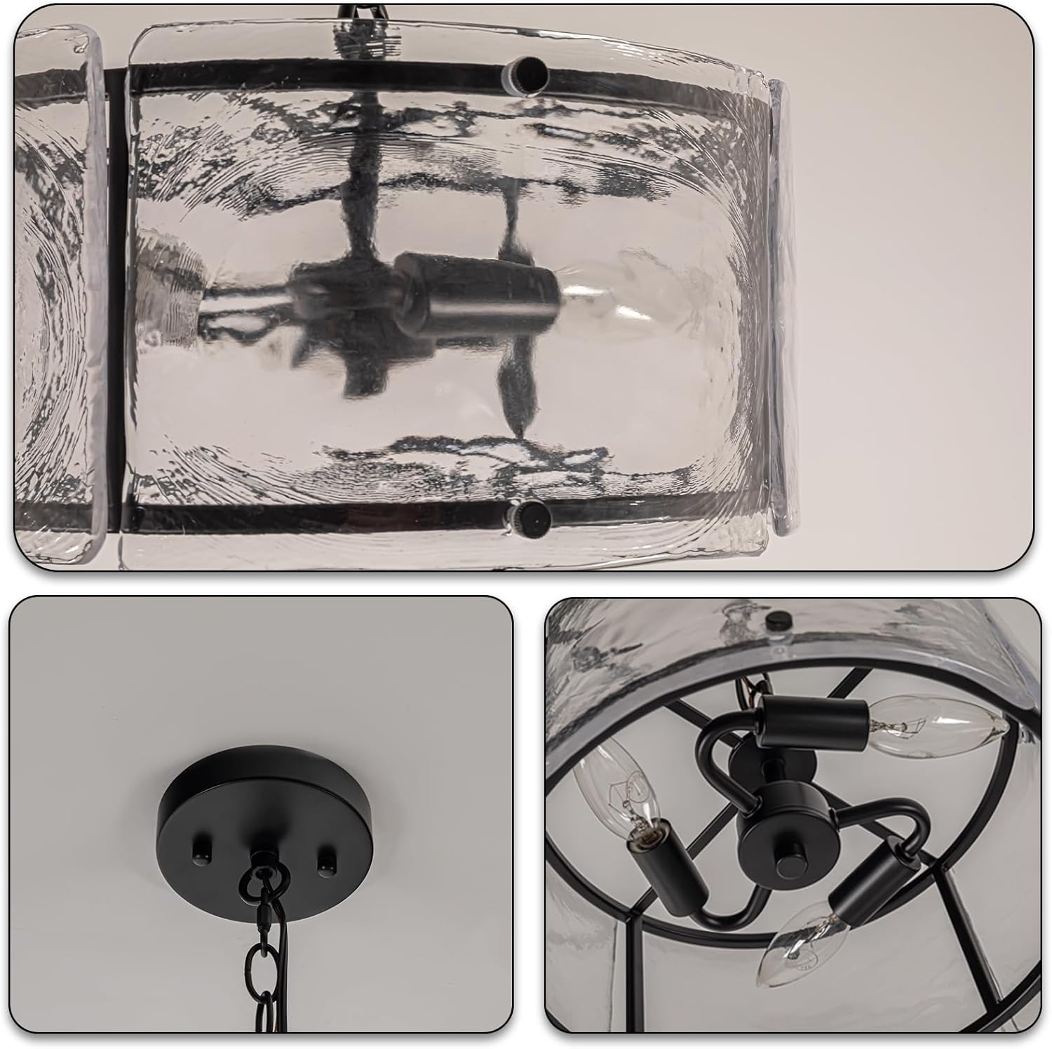 Modern Adjustable Glass Drum Pendant Light with Black Metal Frame Ceiling Hanging Lamp