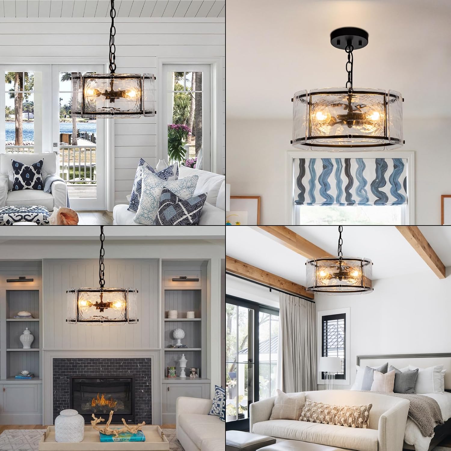 Modern Adjustable Glass Drum Pendant Light with Black Metal Frame Ceiling Hanging Lamp