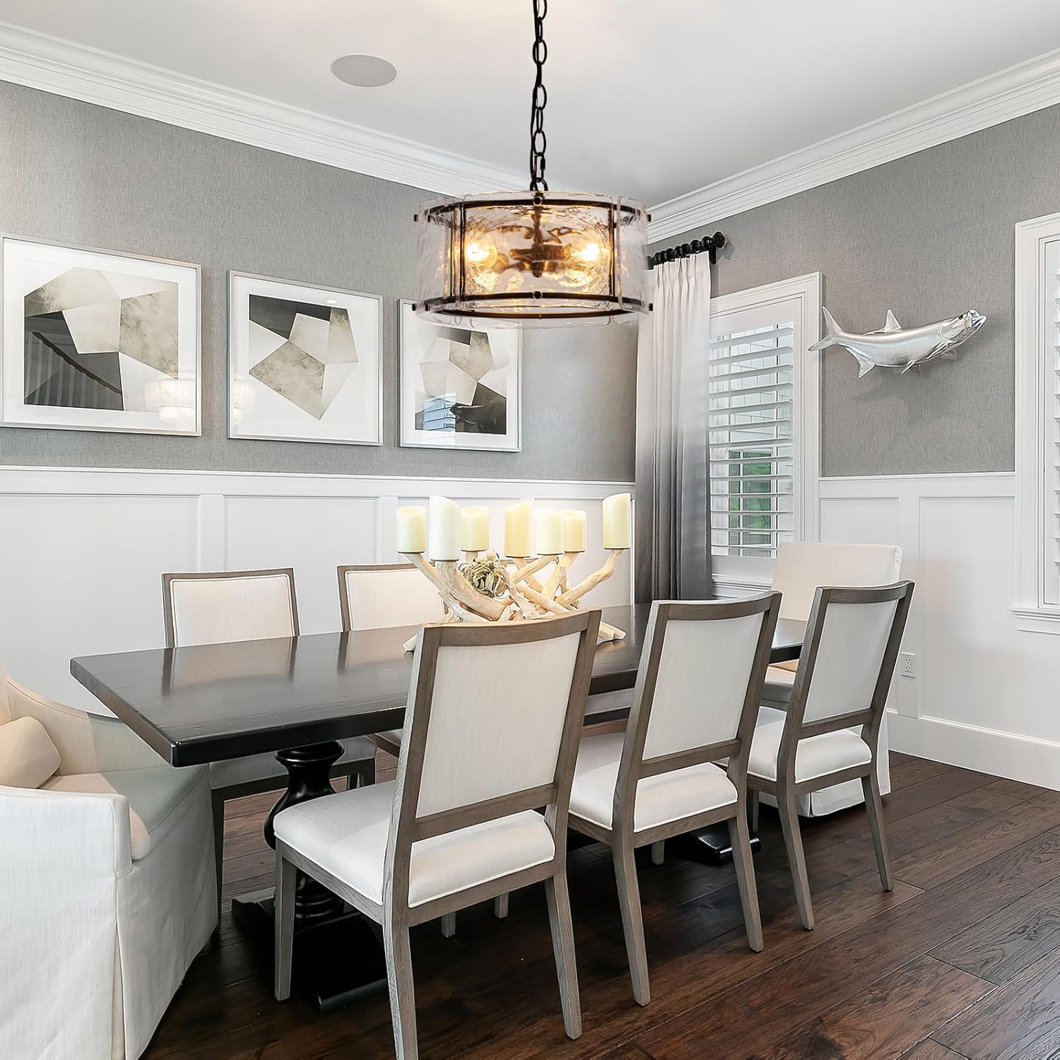 Modern Adjustable Glass Drum Pendant Light with Black Metal Frame Ceiling Hanging Lamp