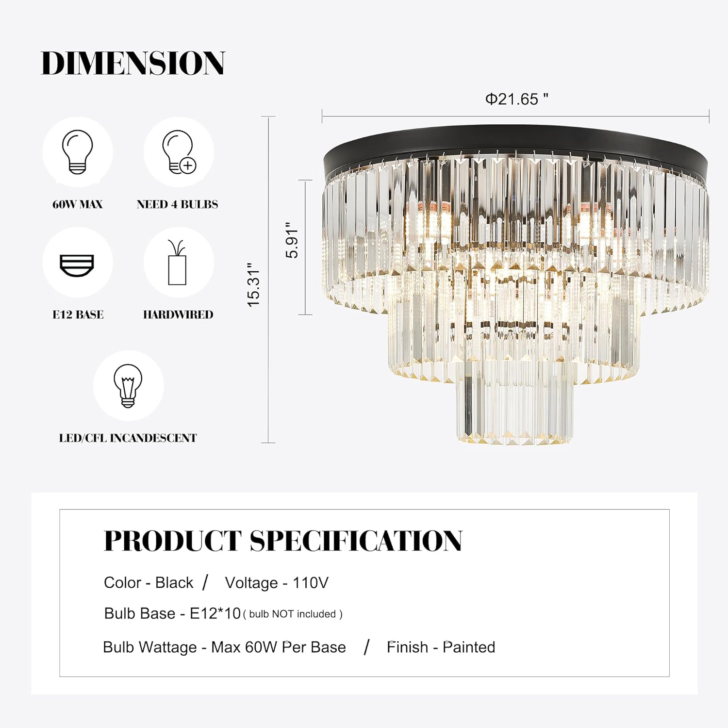 Modern Black Tiered Crystal Flush Mount Chandelier E12 21.6 Inch