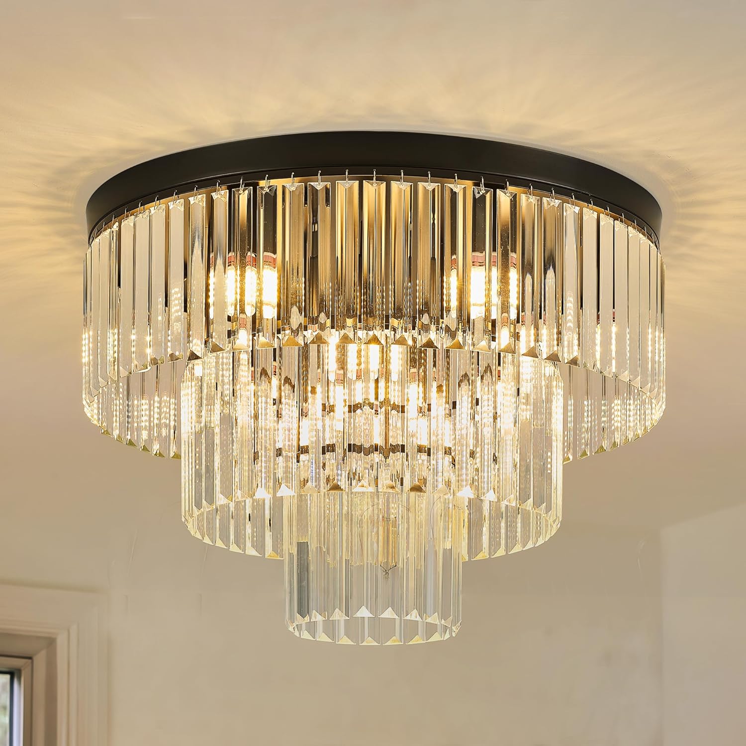 Modern Black Tiered Crystal Flush Mount Chandelier E12 21.6 Inch